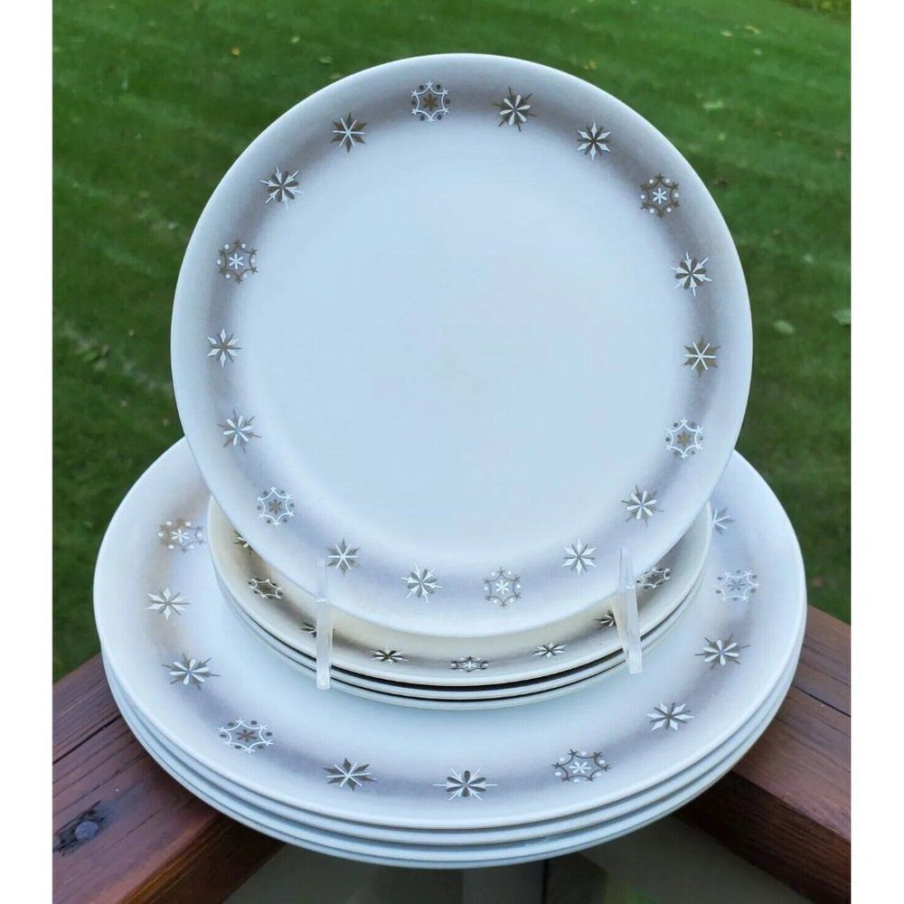 8 ONEIDA DELUXE MCM Melamine Melmac Gold Atomic Snowflake Starburst Plates Lot
